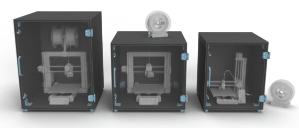Rendering of the 3D printer enclosure large for Prusa i3 MK3 with filament inside, medium for Prusa i3 MK3 filament feed from outside and 3D printer box small for Prusa MINI with filament feed from outside