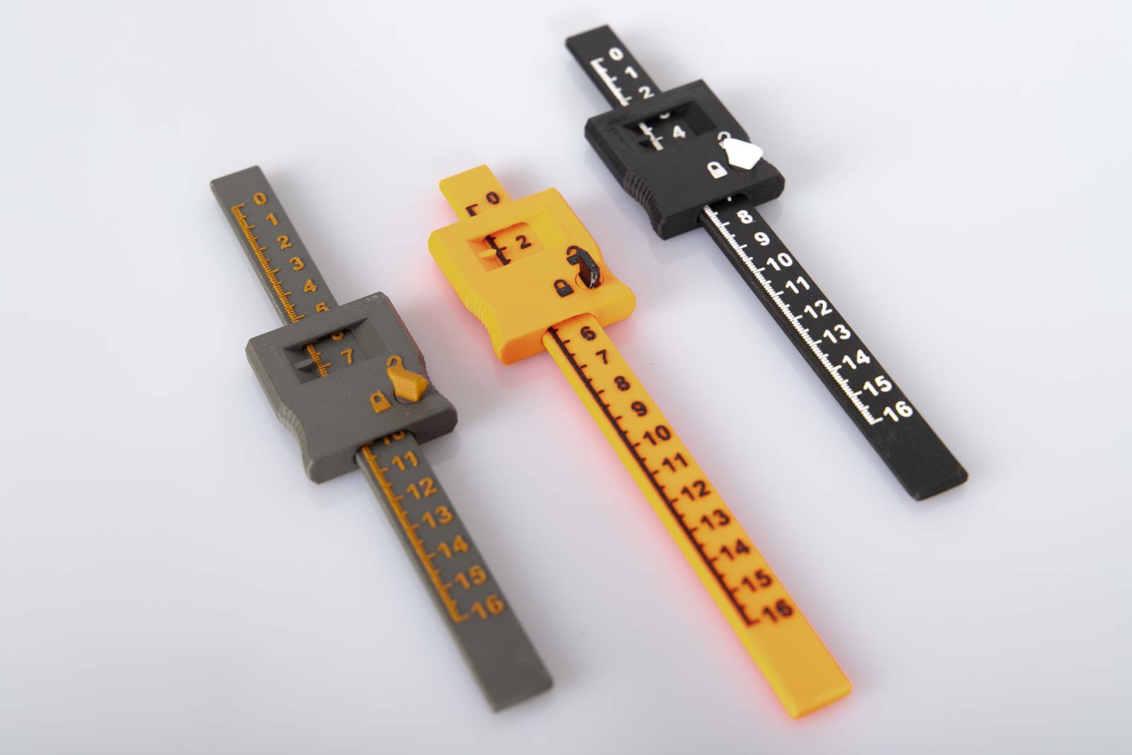 3D printed depth gauges depth calipers three different colors in full view