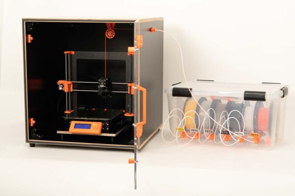DIY 3D Printer enclosure with connected filament dry box and open acrylic door Prusa MK3 inside