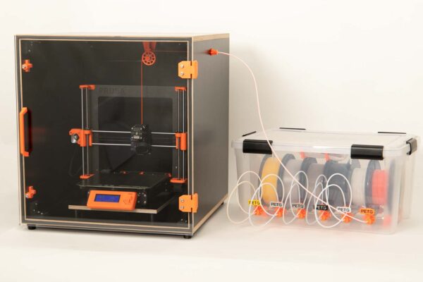 The self-made 3D printer enclosure with attached DIY filament drying box