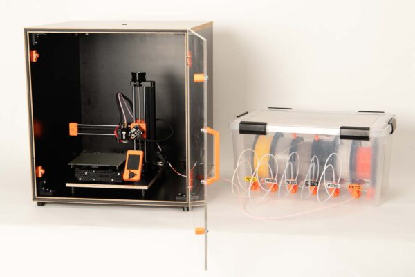DIY 3D Printer enclosure with connected filament dry box and open acrylic door Prusa Mini inside