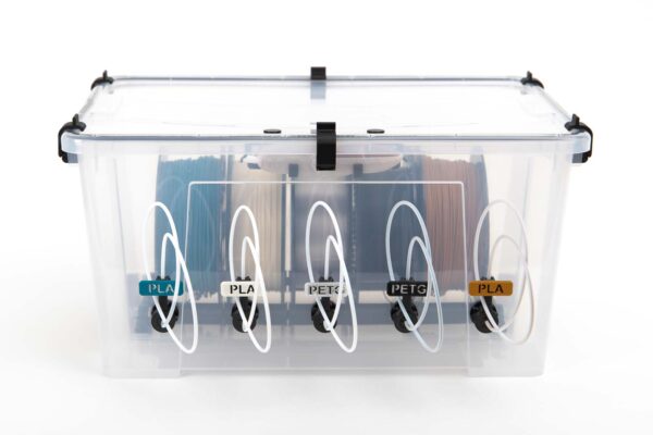 DIY 45l Ikea Samla box for filament storage with up to 5 filament spools. The 3d print filament is ready to be printed directly from the airtight and dust-free Samla box.