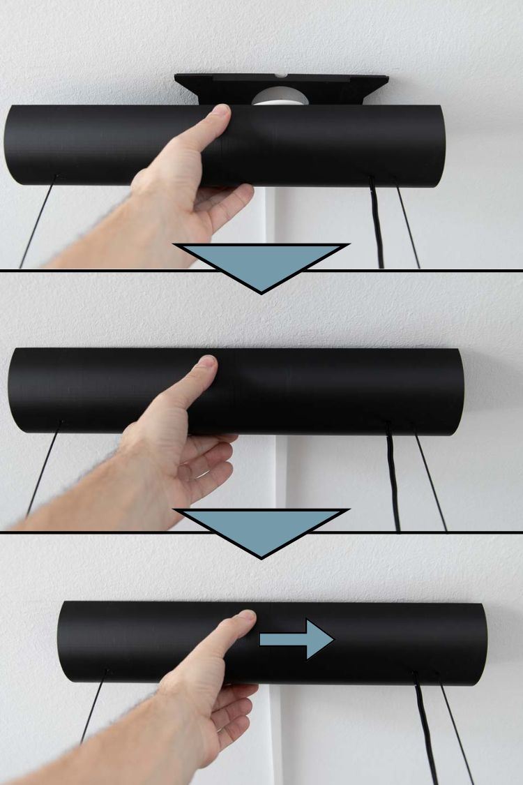3D_Print_Pendant_Light_Ceiling_Trim_Fix Picture collage of 3 images showing how the ceiling trim is pushed onto the ceiling mount to fix the 3D printed pendant light to the ceiling