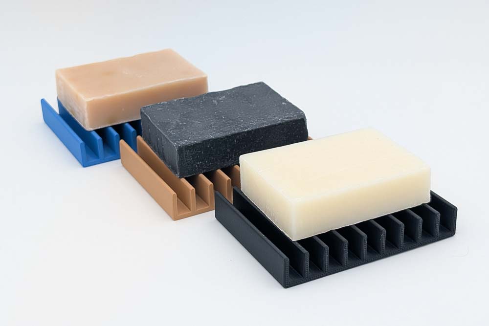 3D printed soap holders with soaps, 3 different colors Gold Blue and Black filament soap dishes in a ribbed design