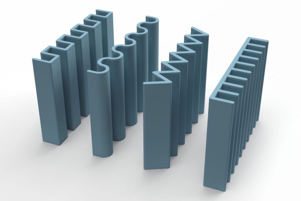 Render of 3D print files in print position for a 3D-printed soap dish, available in four different designs: ribs, rectangle, waves, and triangle.