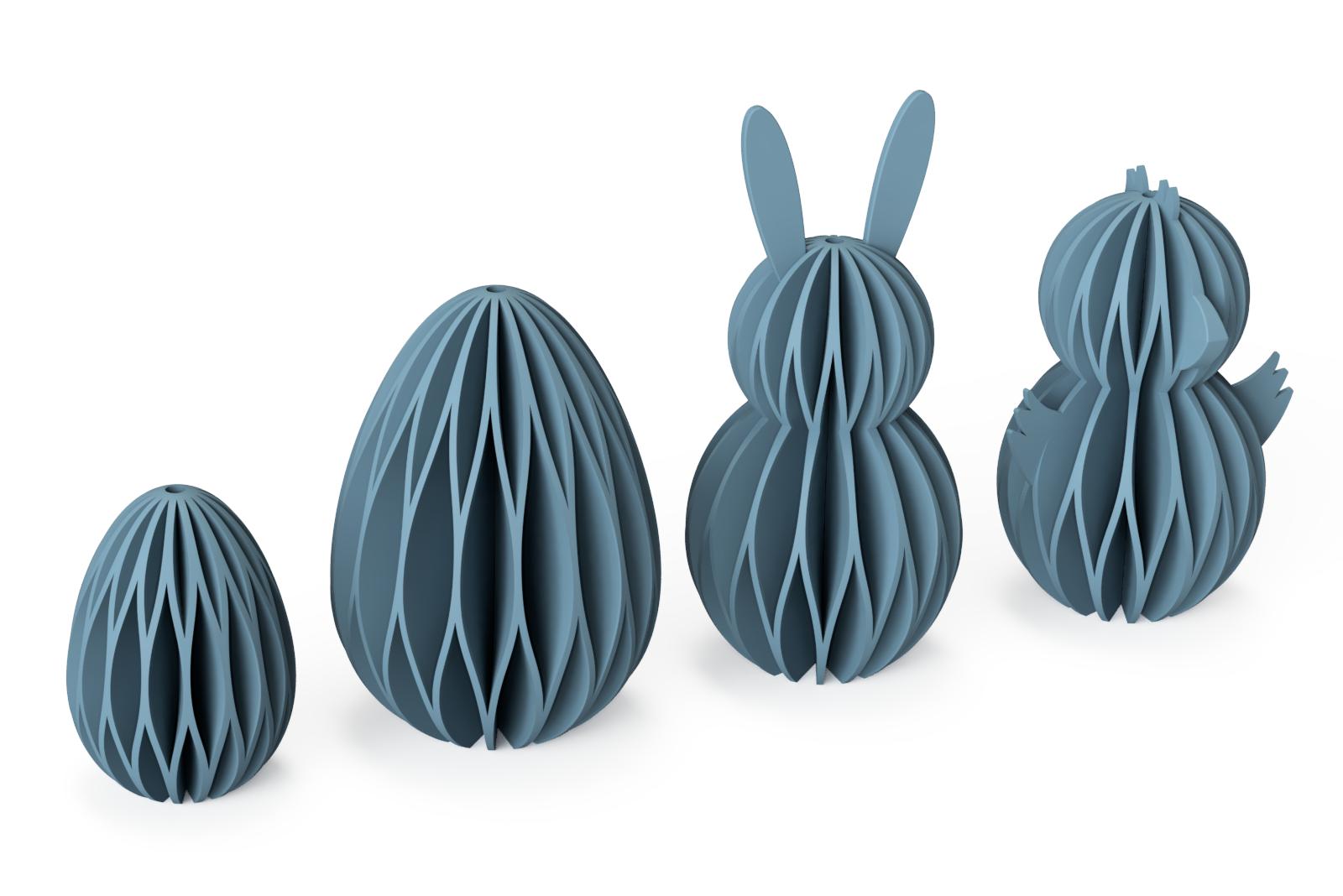 Rendering of the 3D printing files (STL files) for the honeycomb Easter ornaments in the shape of an egg (small and large), bunny, and chick. Ideal for decorating the Easter tree.