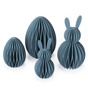 3D print renderings (STL files) of the honeycomb Easter table decorations, featuring large and small bunnies and an Easter egg.