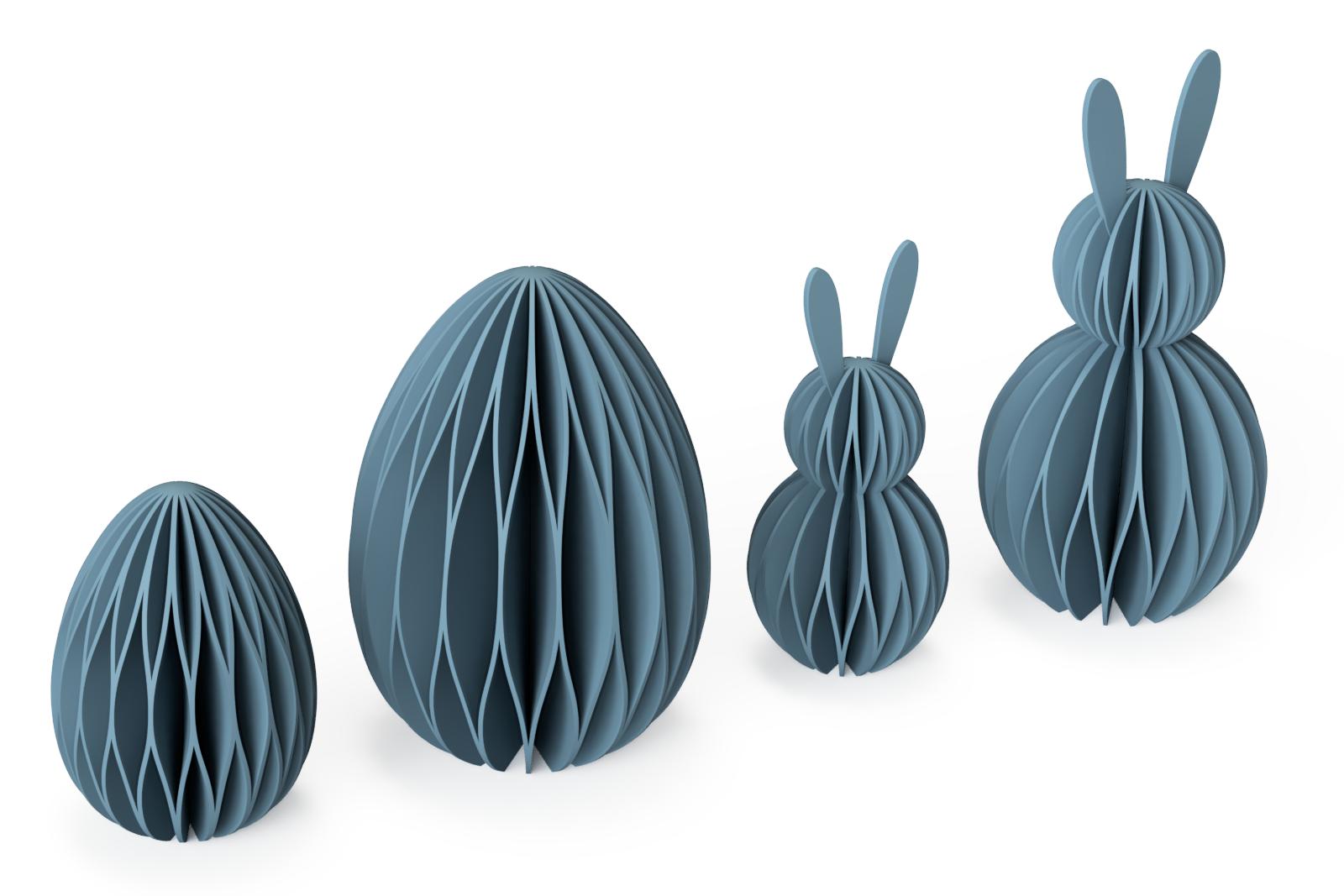 3D print rendering (STL files) for honeycomb Easter table decorations, including large and small bunnies and an Easter egg.