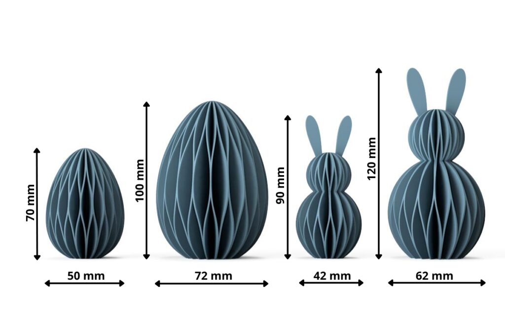 Rendering with dimensions of the 3D print files (STL files) for the honeycomb Easter table decorations. Shown are a large and small bunny and a large and small Easter egg for 3D printing.