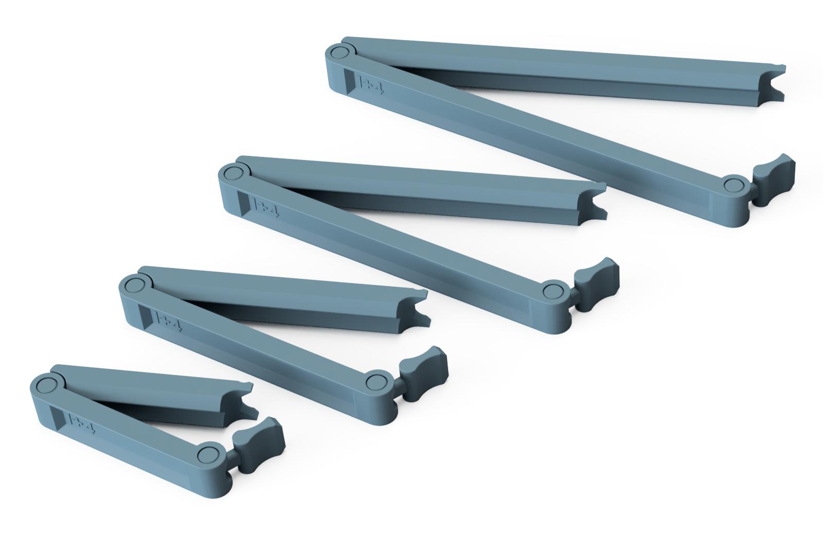Rendering of the sealing clips - shown are all four sizes of the 3D printable STL files