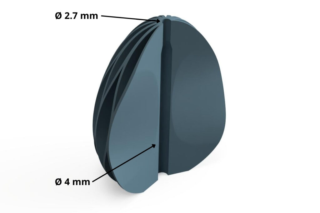 A cross-section rendering of a 3D printed honeycomb Easter ornament shows the mechanism for the invisible attachment of the hanging strings. The bottom hole is 4 mm and the top exit hole is 2.7 mm.