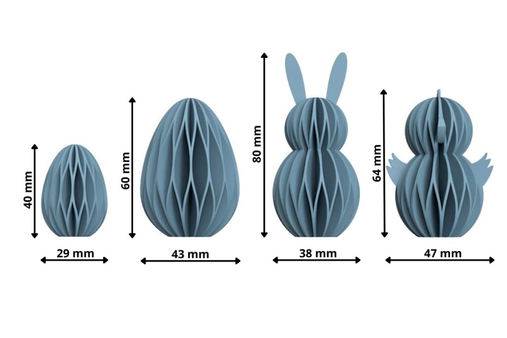 Rendering of 3D printed Easter ornaments or pendants side by side, showing the height and diameter dimensions